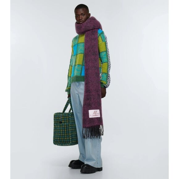 MARNI Brushed Wool Mohair Oversized Check Scarf Purple Black Fringe ITALY 100x30 - Picture 3 of 12